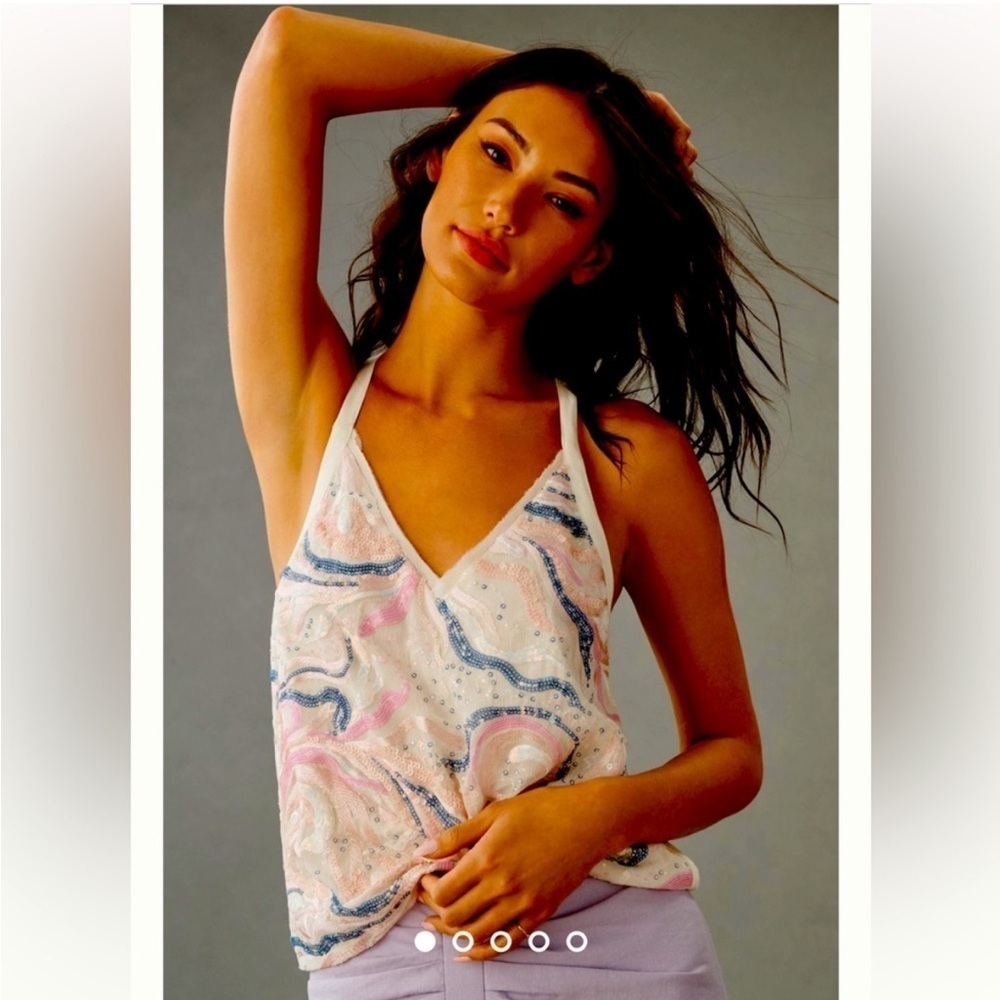 NWOT Anthropologie Tiny Sequinned Oversized Tank Pink Blue Cream Size Small‌